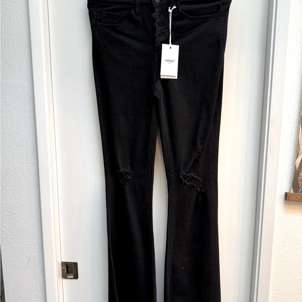 Velvet Black Flare Jeans with Distressed Accents- NWT